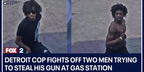 Detroit cop fights off two men trying to steal his gun at gas station